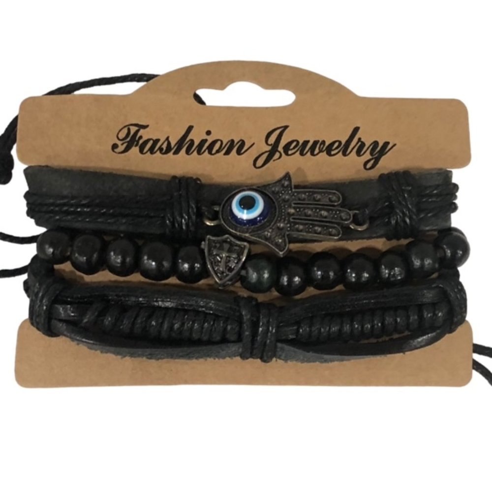 Black Leather Bracelet Set with Blue Evil Eye – 3 PCS Adjustable Unisex